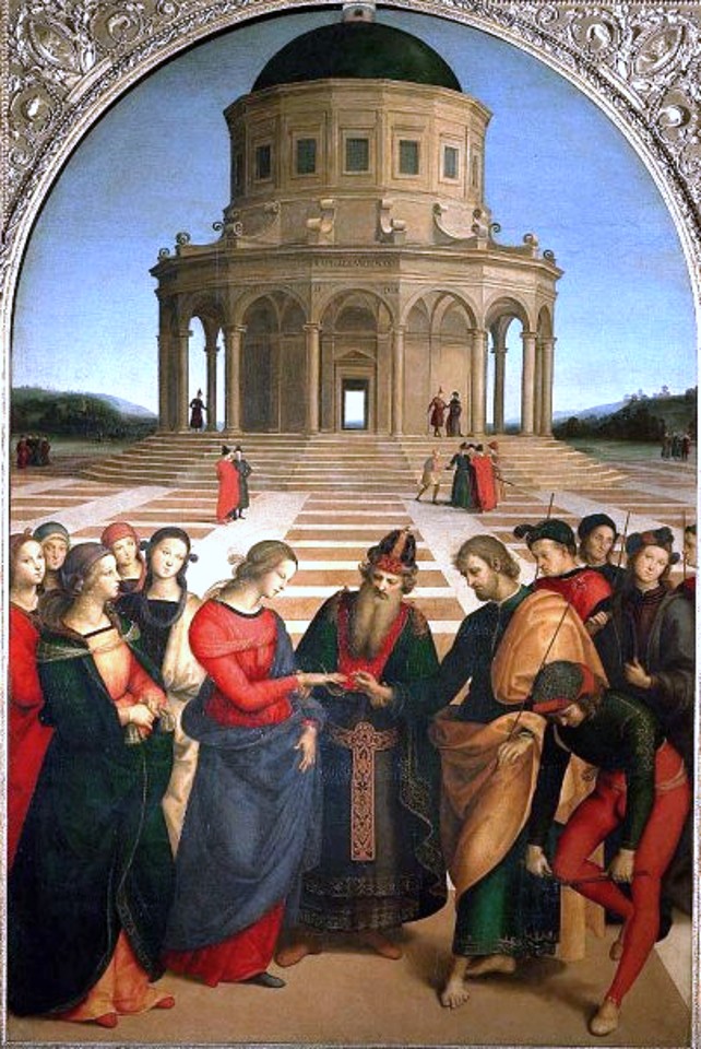 En «Lo Sposalizio» de Rafael, José coloca el anillo a María ante el sumo sacerdote, con un templo circular al fondo.
