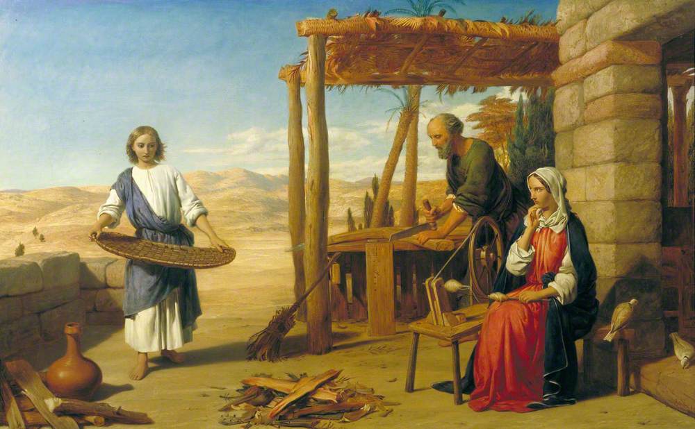 En el taller de Nazaret, el joven Jesús ayuda a José mientras María observa, en «La juventud de Nuestro Señor» de John Rogers Herbert.