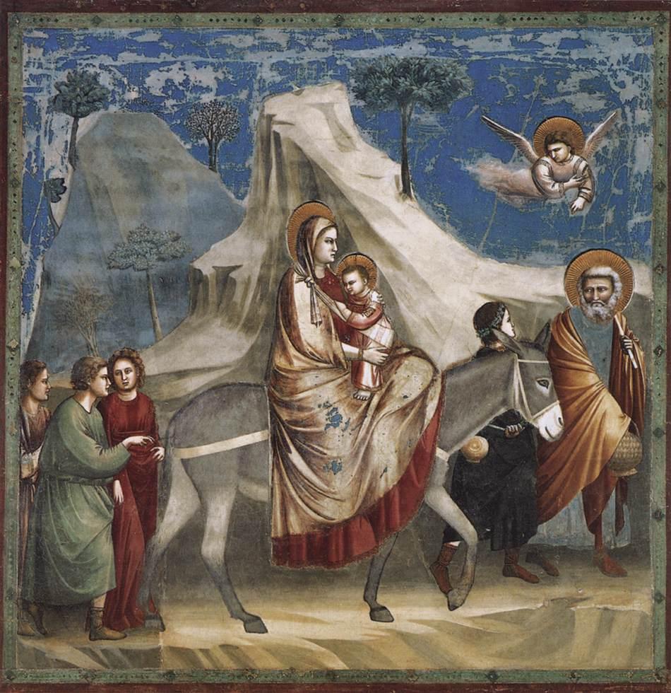 José guía a pie el asno sobre el que van María y el Niño camino de Egipto, en el fresco de Giotto en la Capilla de los Scrovegni.