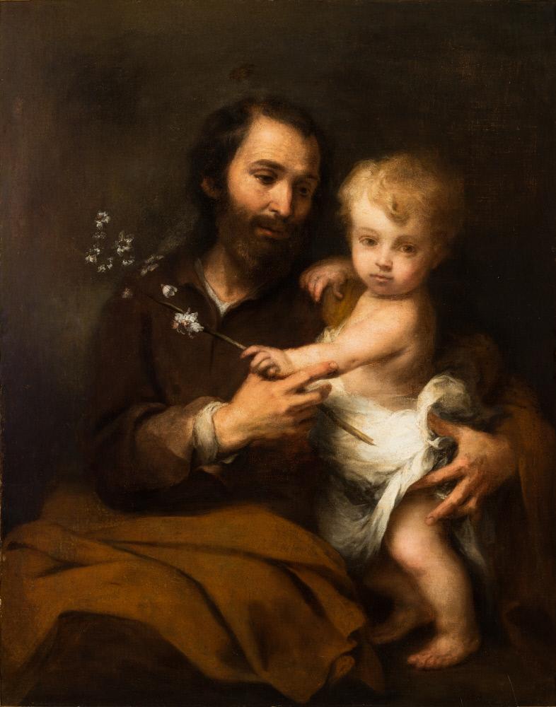 San José lleva en brazos al Niño Jesús y sostiene un lirio, en un lienzo de Bartolomé Esteban Murillo.