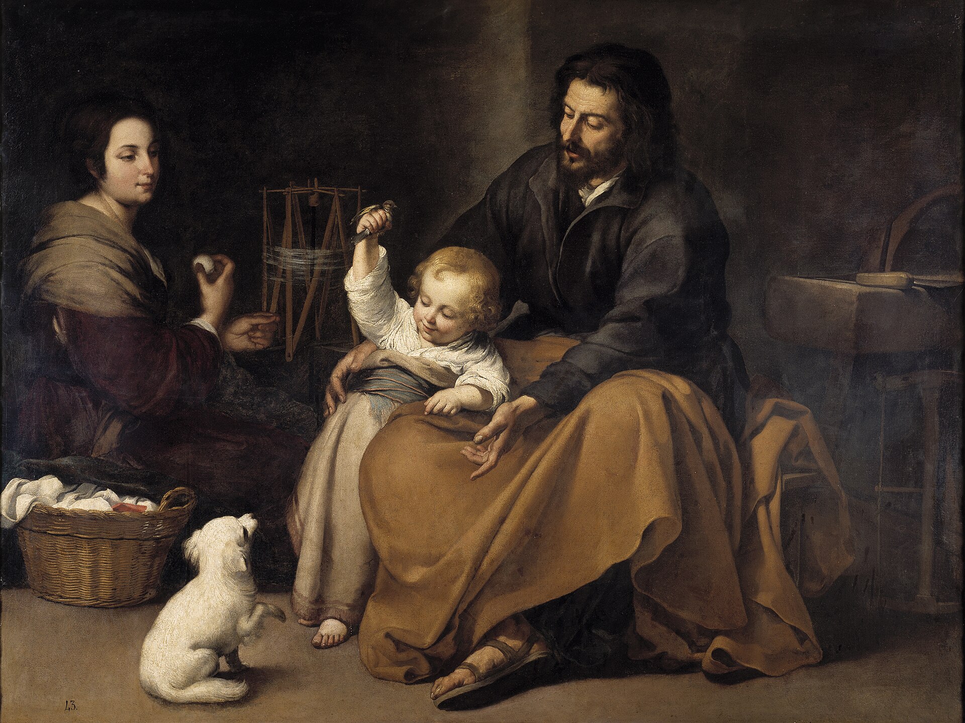 En «La Sagrada Familia del pajarito» de Murillo, el Niño juega con un pajarillo ante un perro mientras José trabaja y María hila.