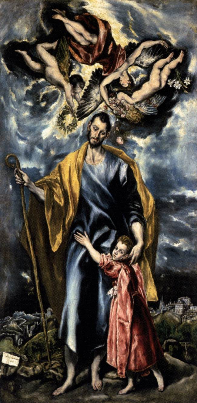 San José, de pie con el bastón florecido y el Niño abrazado a él; sobre ellos, ángeles con una guirnalda y azucenas, y al fondo la ciudad de Toledo. Obra de El Greco.